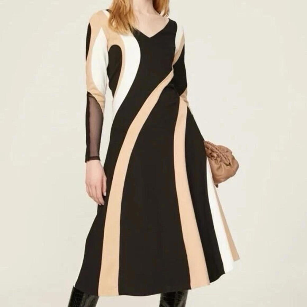 Donna Karan Spiral Blocked Shift Flared Dress Black Tan White Size 4 $375msrp